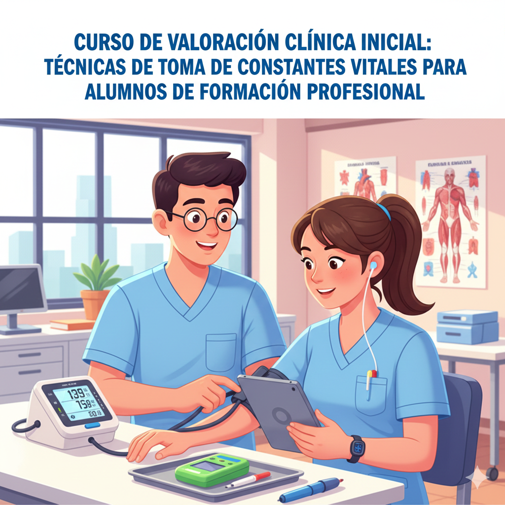 Dos alumnos practican la toma de constantes vitales en clase
